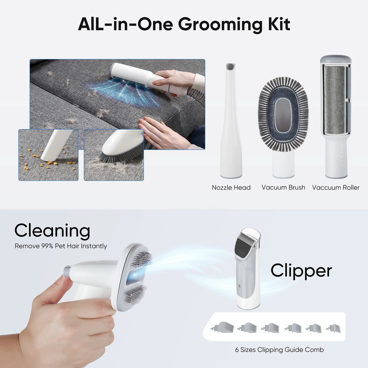 Pet Grooming Kit, 2.5L Pet Hair Grooming Vacuum, 5-In-1 Electric Clippers Cleaning Sets for Dog/Cat/Other Animals, White